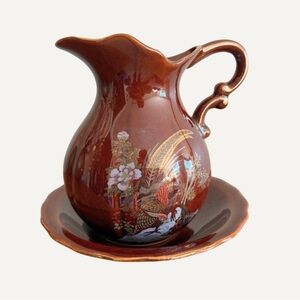 Antique Porcelain Brown Ceramic Pitcher with Saucer